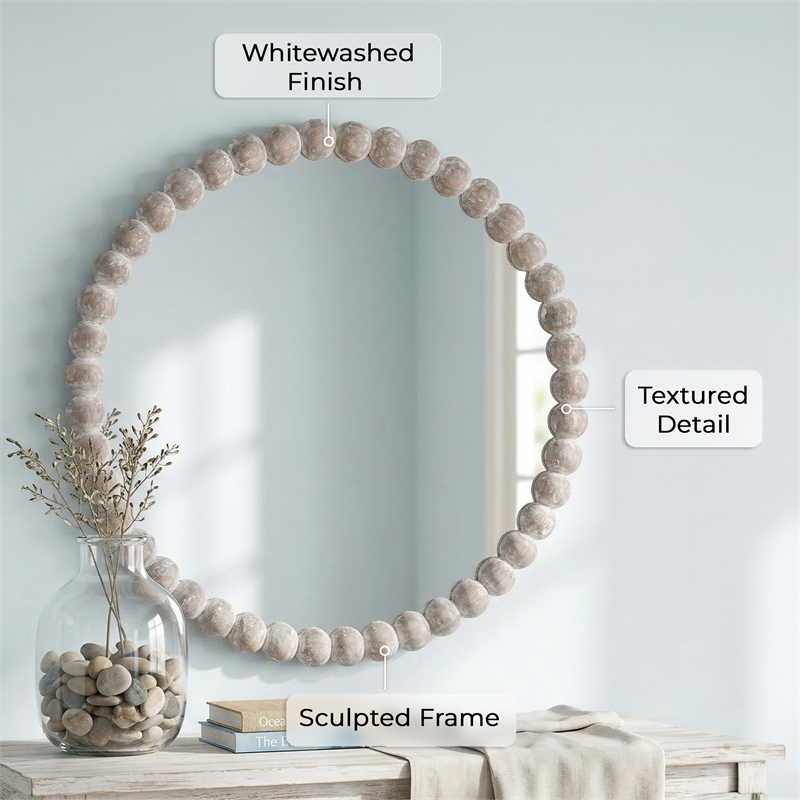 Maklaine Round Beaded Accent Mirror in White Washed Finish
