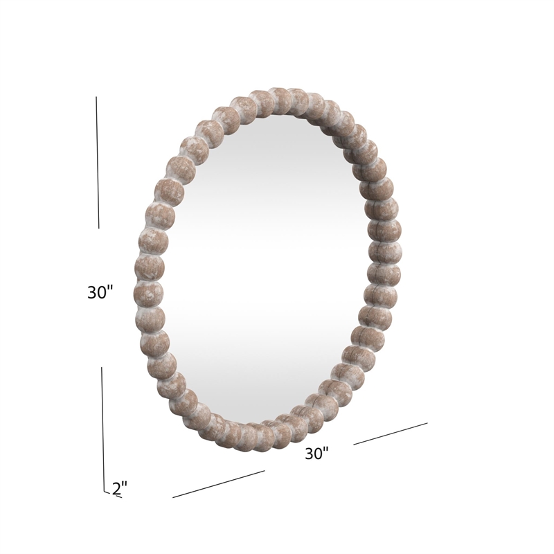 Maklaine Round Beaded Accent Mirror in White Washed Finish