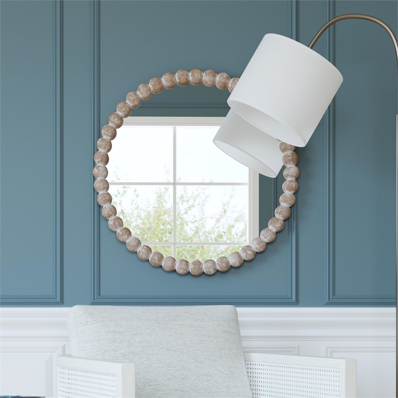 Maklaine Round Beaded Accent Mirror in White Washed Finish