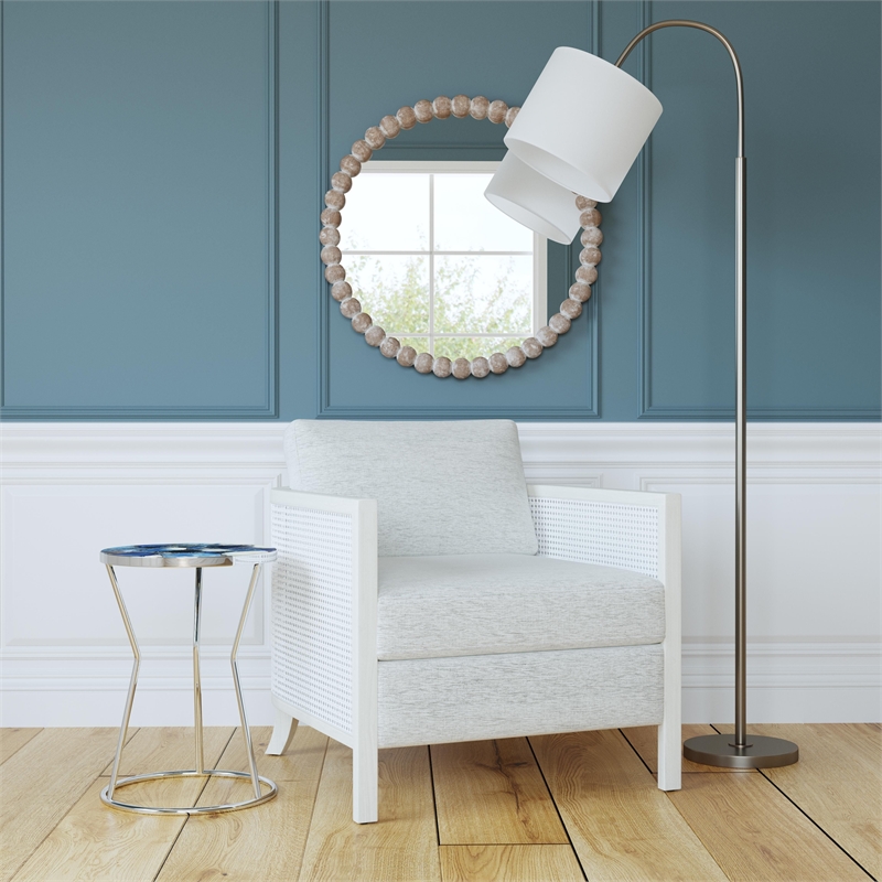Maklaine Round Beaded Accent Mirror in White Washed Finish