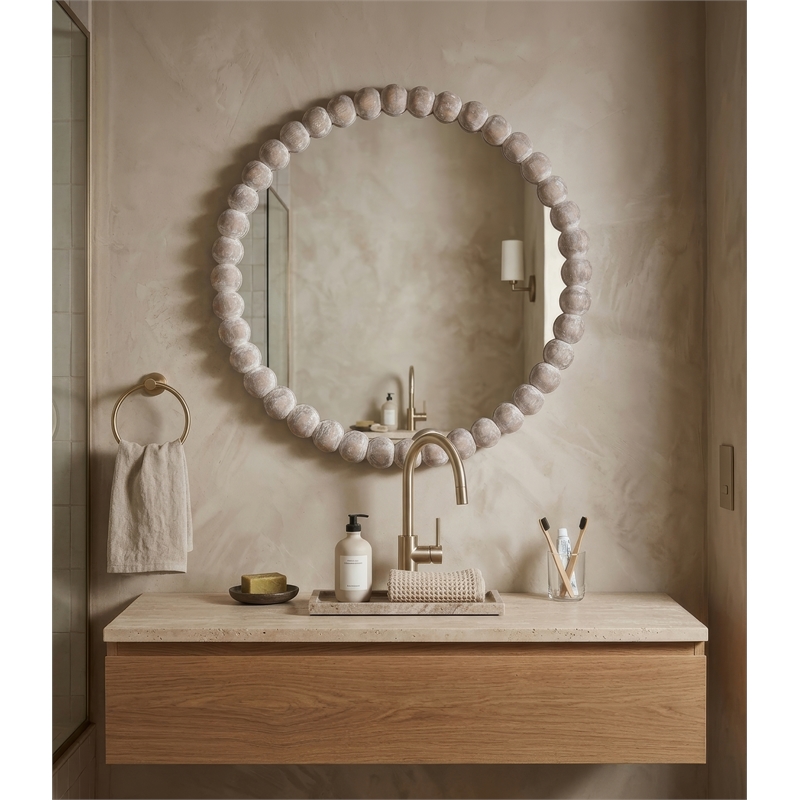 Maklaine Round Beaded Accent Mirror in White Washed Finish