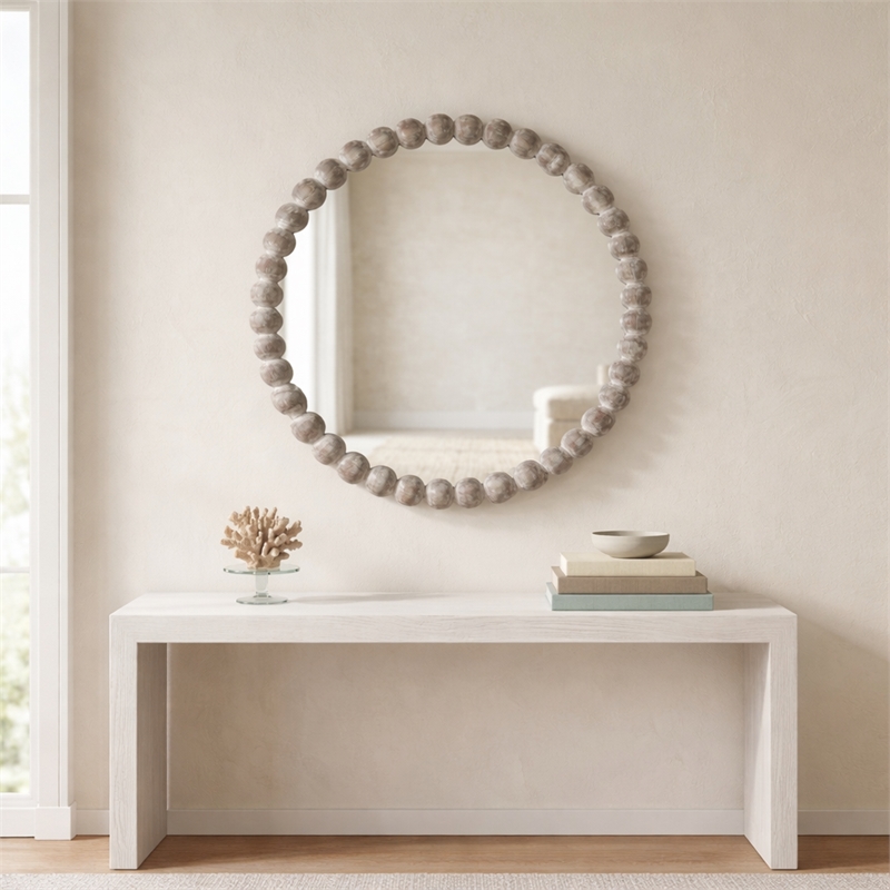 Maklaine Round Beaded Accent Mirror in White Washed Finish