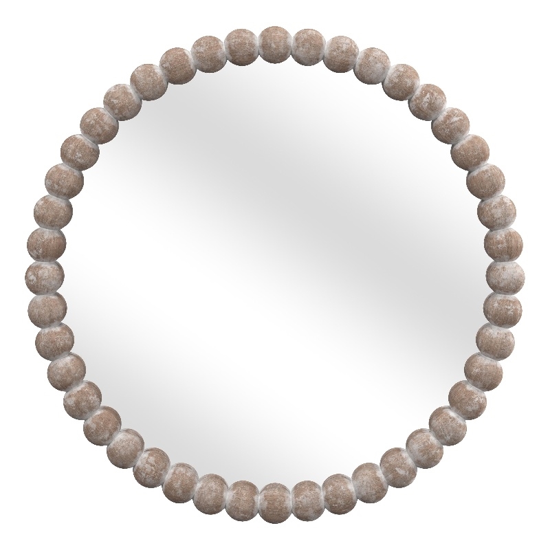 Maklaine Round Beaded Accent Mirror in White Washed Finish
