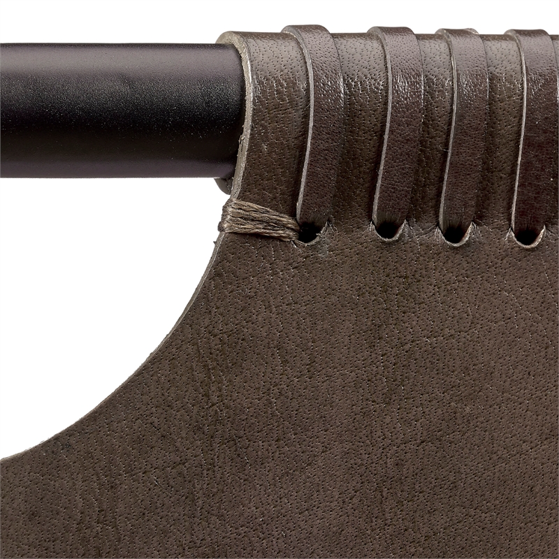 Maklaine Leather and Iron Dining Chair With Sling Seat in Grey