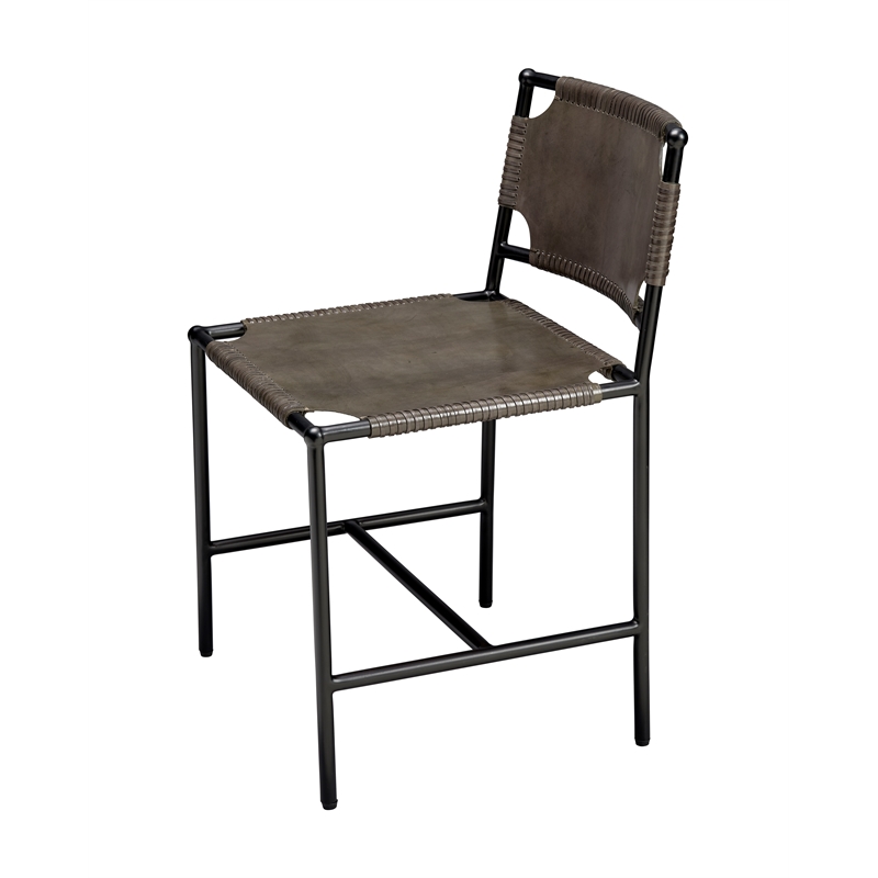 Maklaine Leather and Iron Dining Chair With Sling Seat in Grey