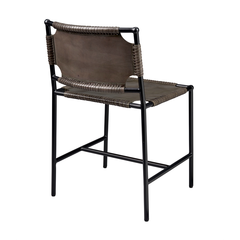 Maklaine Leather and Iron Dining Chair With Sling Seat in Grey