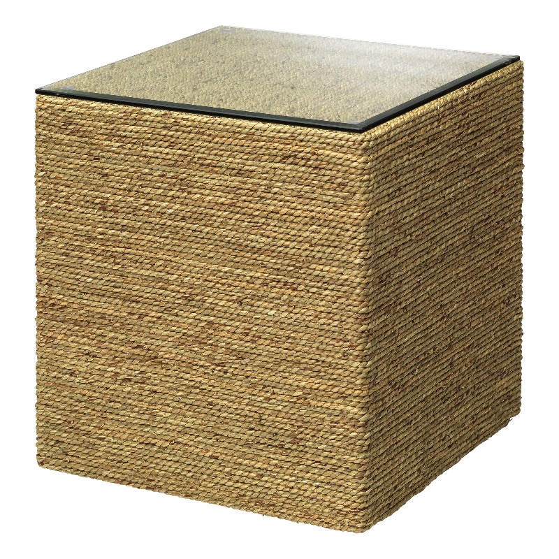 Maklaine Handwoven Coastal Rattan and Glass Side Table in Natural