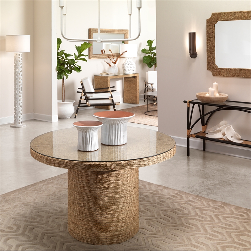 Maklaine Round Coastal Rattan and Glass Bistro Table in Natural