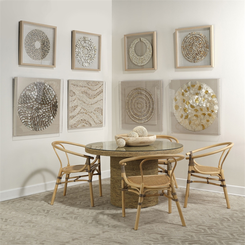Maklaine Round Coastal Rattan and Glass Bistro Table in Natural