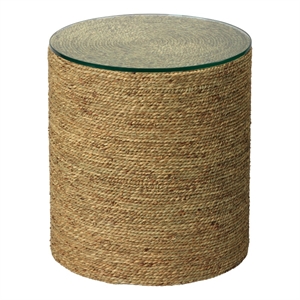 Maklaine Round Coastal Rattan and Glass Side Table in Natural