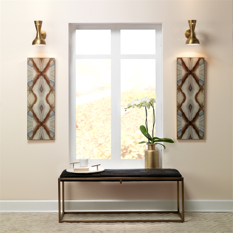 Maklaine Hand-Forged Iron and Hide Bench in Brown and Antique Brass