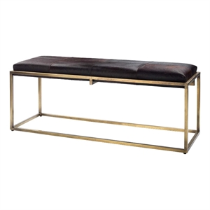 Maklaine Hand-Forged Iron and Hide Bench in Brown and Antique Brass