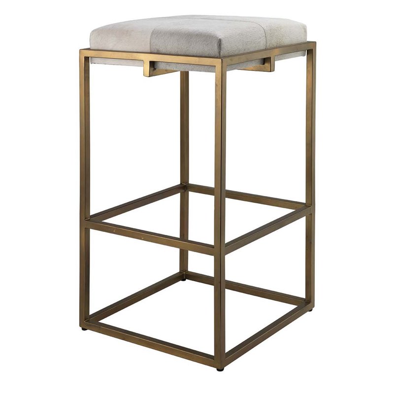 Maklaine Steel Metal and Hide Bar Stool in Antique Brass and White