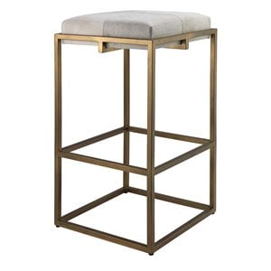 Maklaine Steel Metal and Hide Bar Stool in Antique Brass and White
