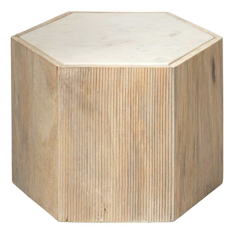 Maklaine Hexagon Mango Wood and Marble Medium Side Table in Natural/White
