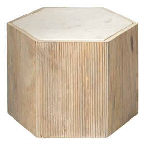 Maklaine Hexagon Mango Wood and Marble Medium Side Table in Natural/White