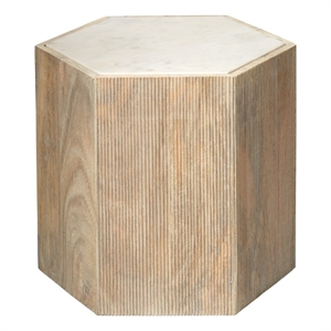 Maklaine Hexagon Mango Wood and Marble Large Side Table in Natural/White