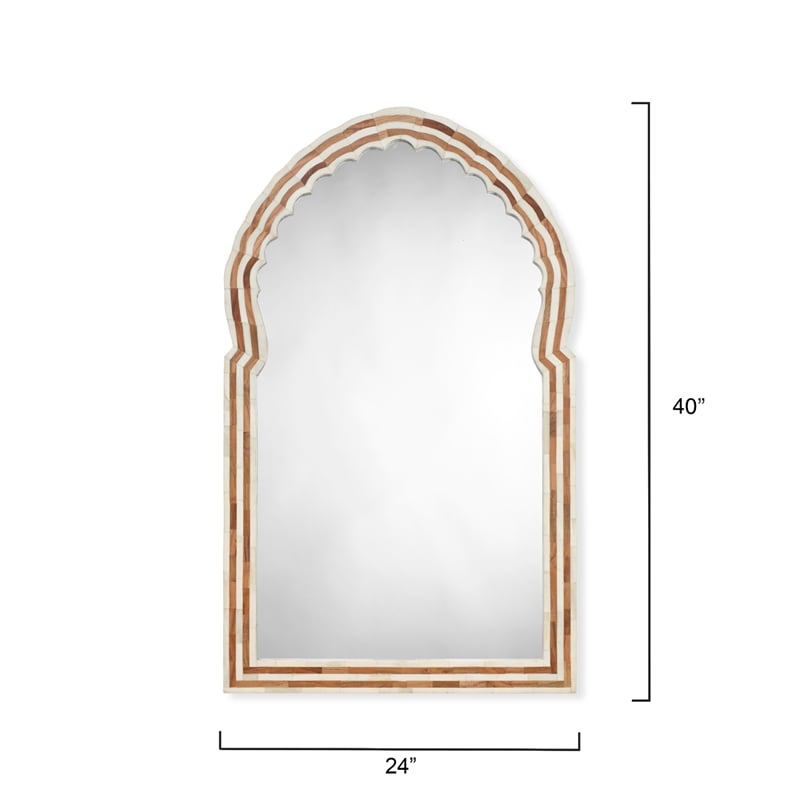Maklaine Large Hand-Carved Bone and Wood Arch Wall Mirror in Natural