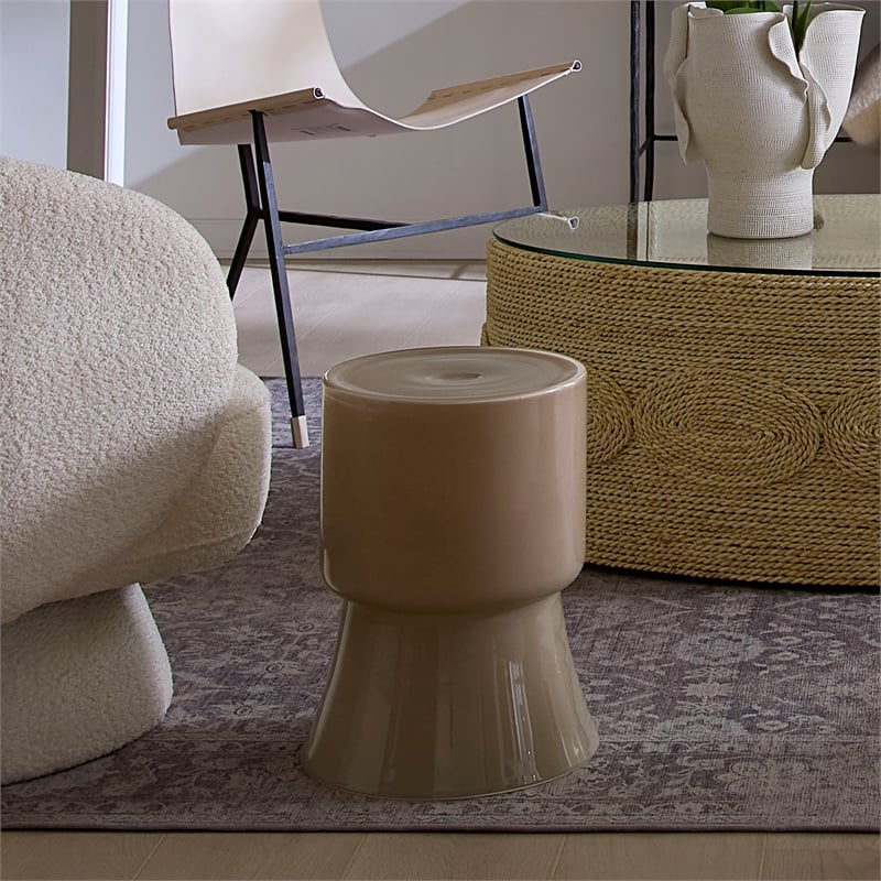 Maklaine Contemporary Handmade Soda Lime Glass Garden Stool in Taupe