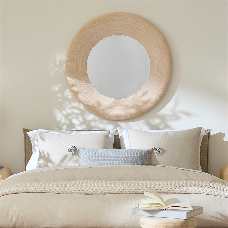 Maklaine Contemporary Round Handmade Bamboo Wall Mirror in Cream