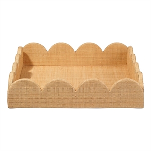 Maklaine Small Handcrafted Natural Raffia Tray With Scalloped Edge