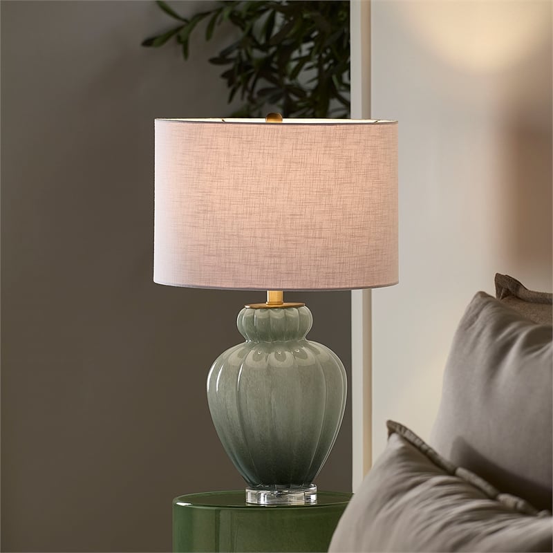Maklaine Hand-Blown Celadon Glass Gourd Table Lamp With Linen Shade