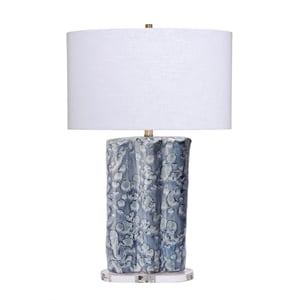 Maklaine Handmade Ceramic Table Lamp With Oval Linen Shade in Blue