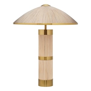 Maklaine Whitewashed Rattan Table Lamp With Brass Trim in Natural Beige