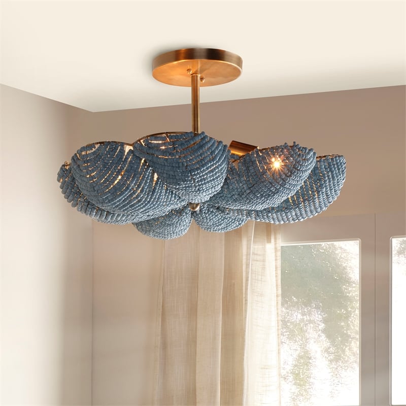 Maklaine Contemporary Mango Wood Bead Semi-Flush Mount Light in Blue