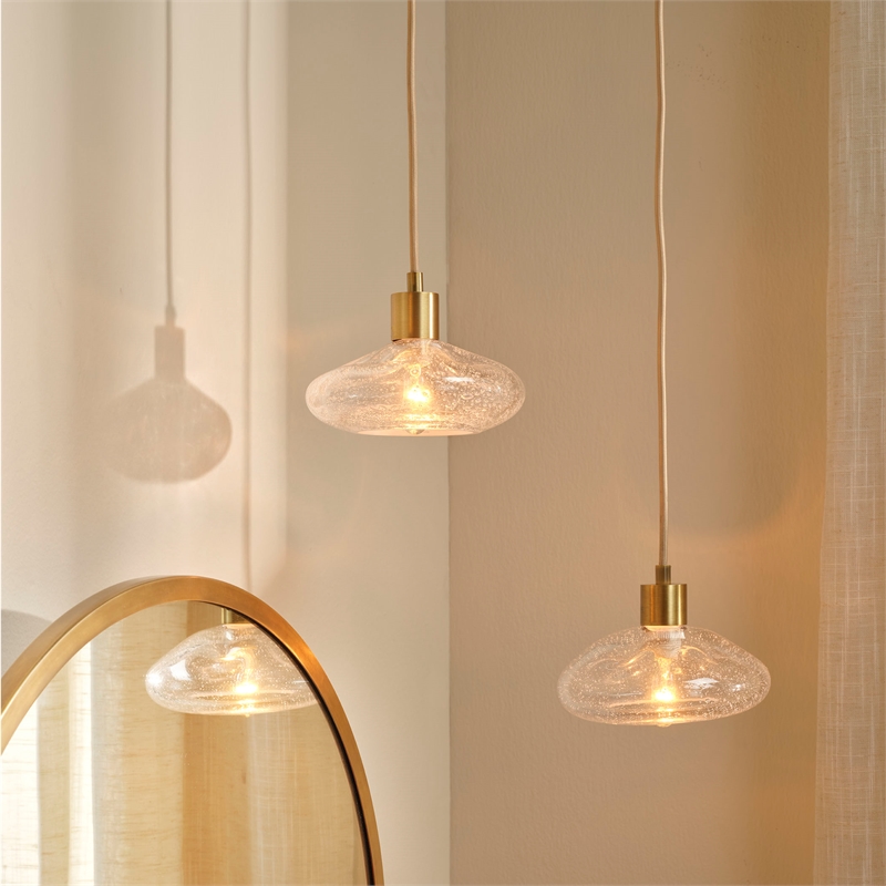 Maklaine 1-Light Hand-Blown Seeded Glass Pendant in Antique Brass