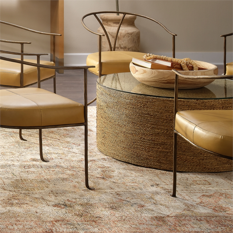Maklaine Round Handwoven Seagrass and Tempered Glass Coffee Table in Natural
