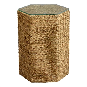 Maklaine Handwoven Seagrass Rattan and Tempered Glass Side Table in Natural