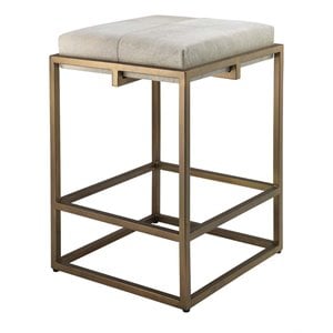 Maklaine Hand-Forged Iron and Hide Counter Stool in Antique Brass
