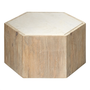 Maklaine Hand-Carved Mango Wood and Marble Hexagon Table in Natural/White