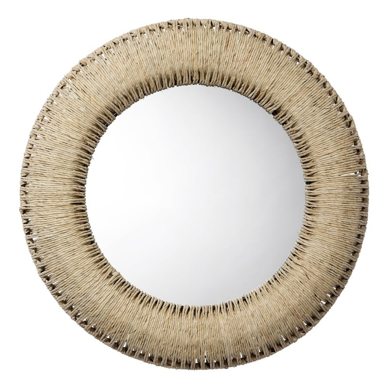 Maklaine Round Corn Leaf Rope Rattan and Glass Wall Mirror in Natural