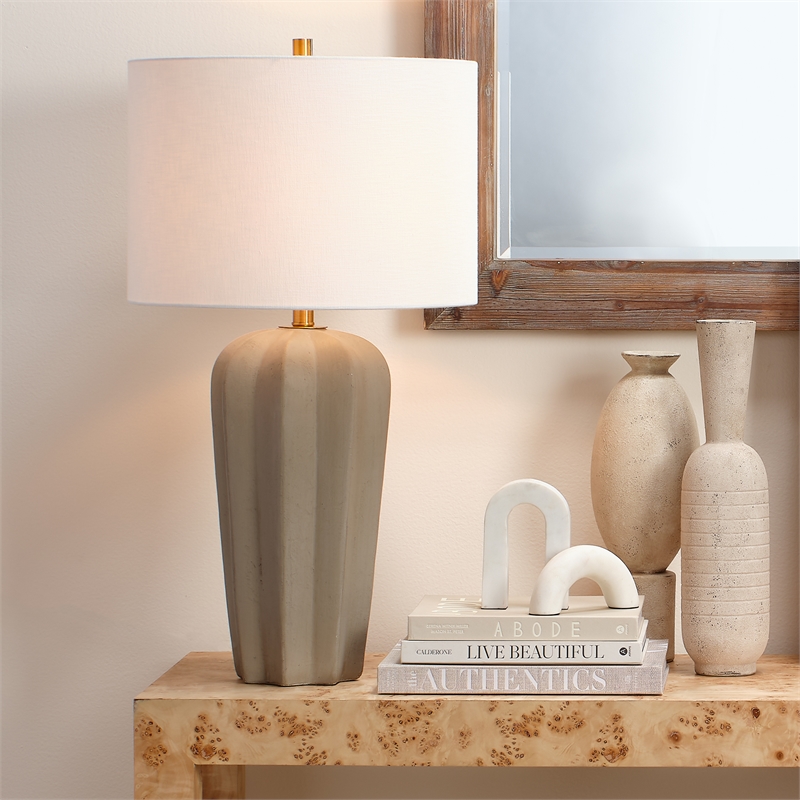 Maklaine Handmade Cement Stone Table Lamp With Linen Shade in Gray/Off White