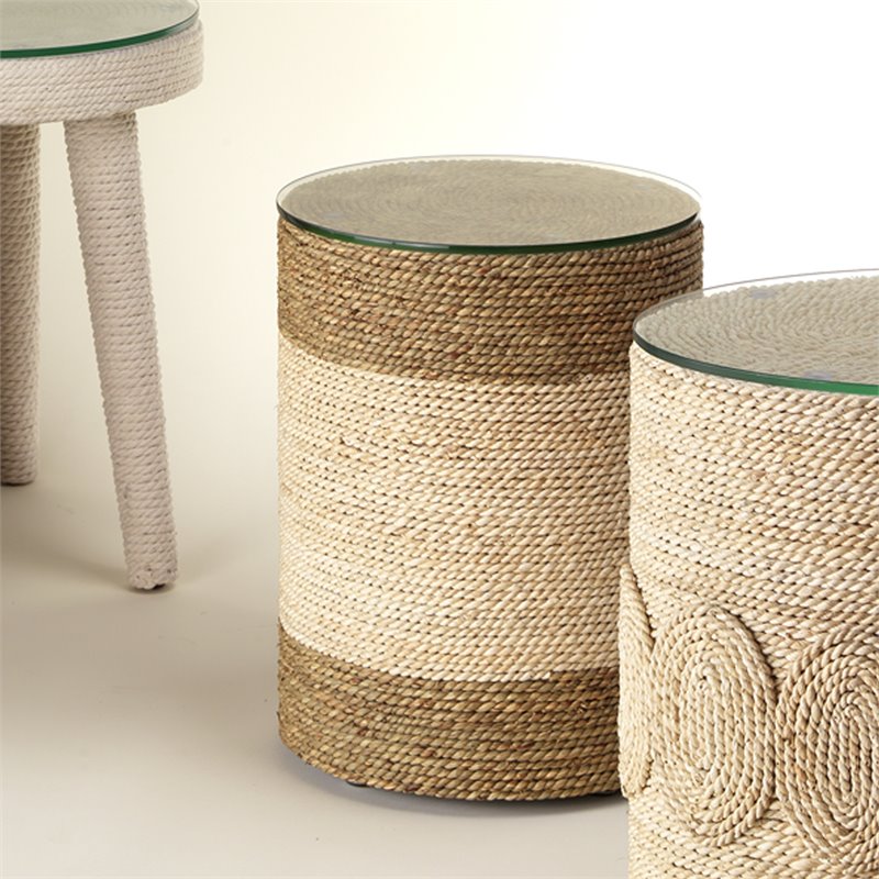 Maklaine Hand-Roped Corn Straw and Glass Side Table in Natural/Off White