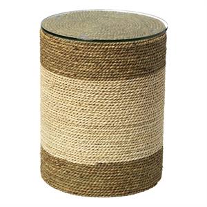 Maklaine Hand-Roped Corn Straw and Glass Side Table in Natural/Off White