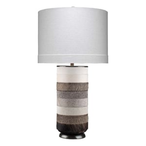 Maklaine Cowhide and Steel Table Lamp With Linen Shade in Gray/White/Bronze