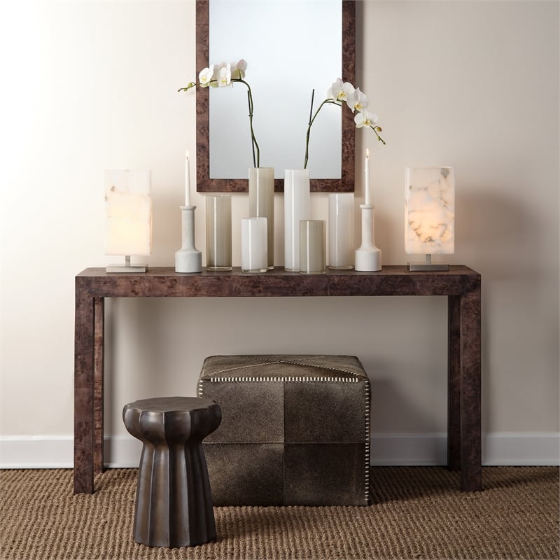 Maklaine Hand-Finished Burl Wood Veneer Console Table in Gray