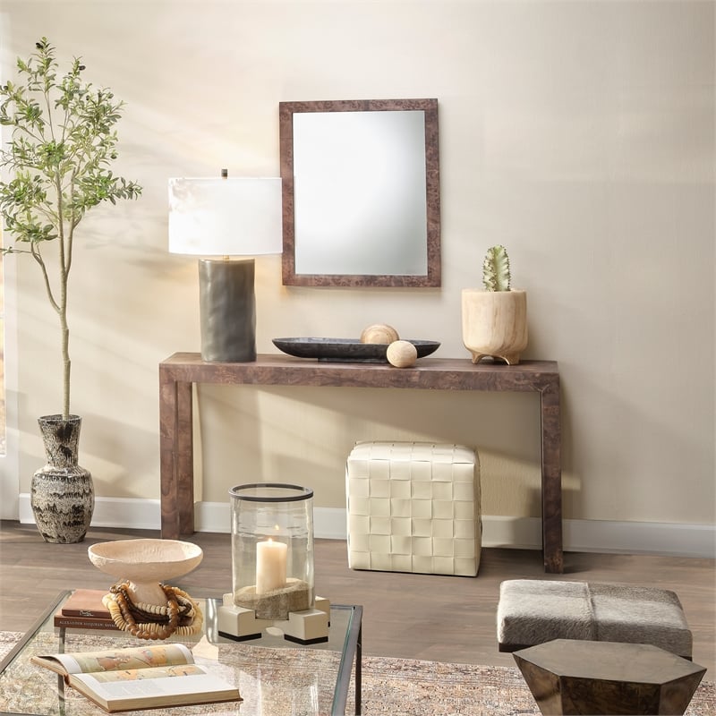 Maklaine Hand-Finished Burl Wood Veneer Console Table in Gray