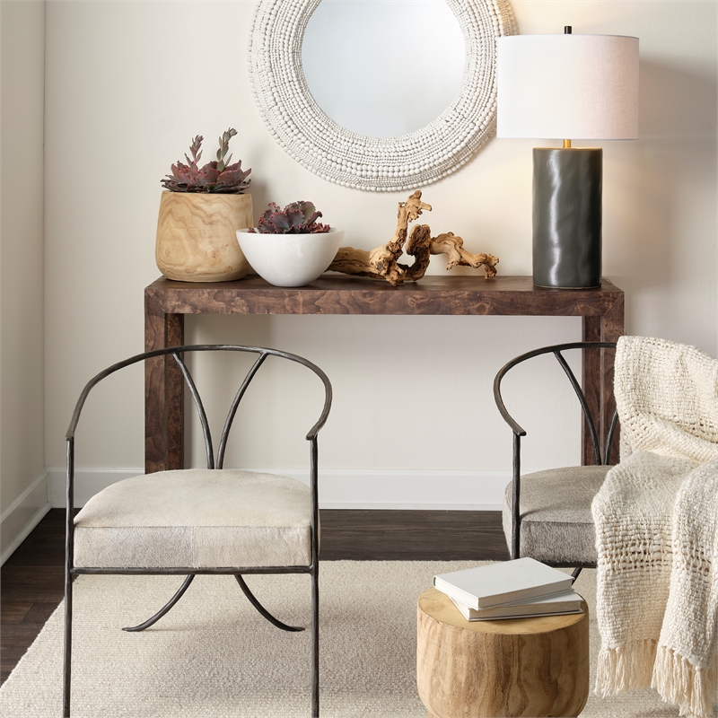 Maklaine Hand-Finished Burl Wood Veneer Console Table in Gray