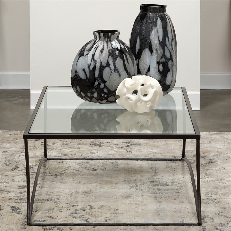 Maklaine Hand-Forged Iron and Tempered Glass Coffee Table in Black/Clear