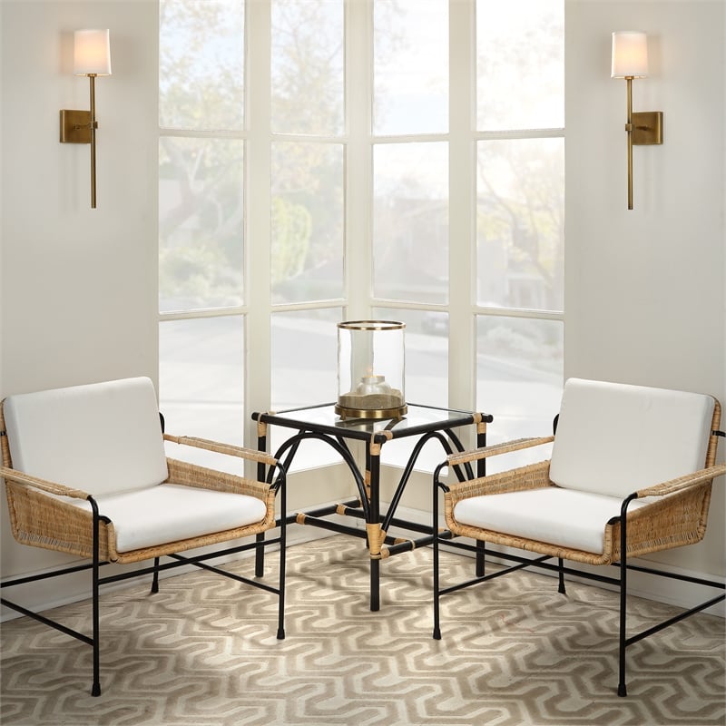 Maklaine Woven Rattan and Steel Lounge Chair With Cushions in Natural/Black