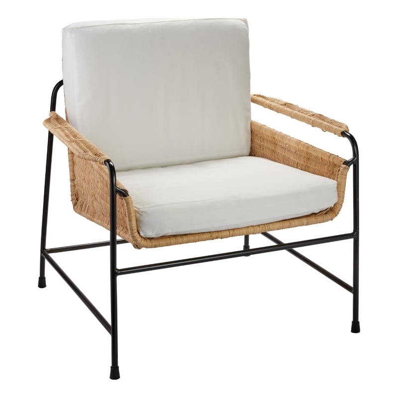 Maklaine Woven Rattan and Steel Lounge Chair With Cushions in Natural/Black