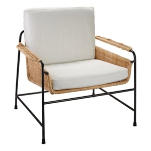 Maklaine Woven Rattan and Steel Lounge Chair With Cushions in Natural/Black