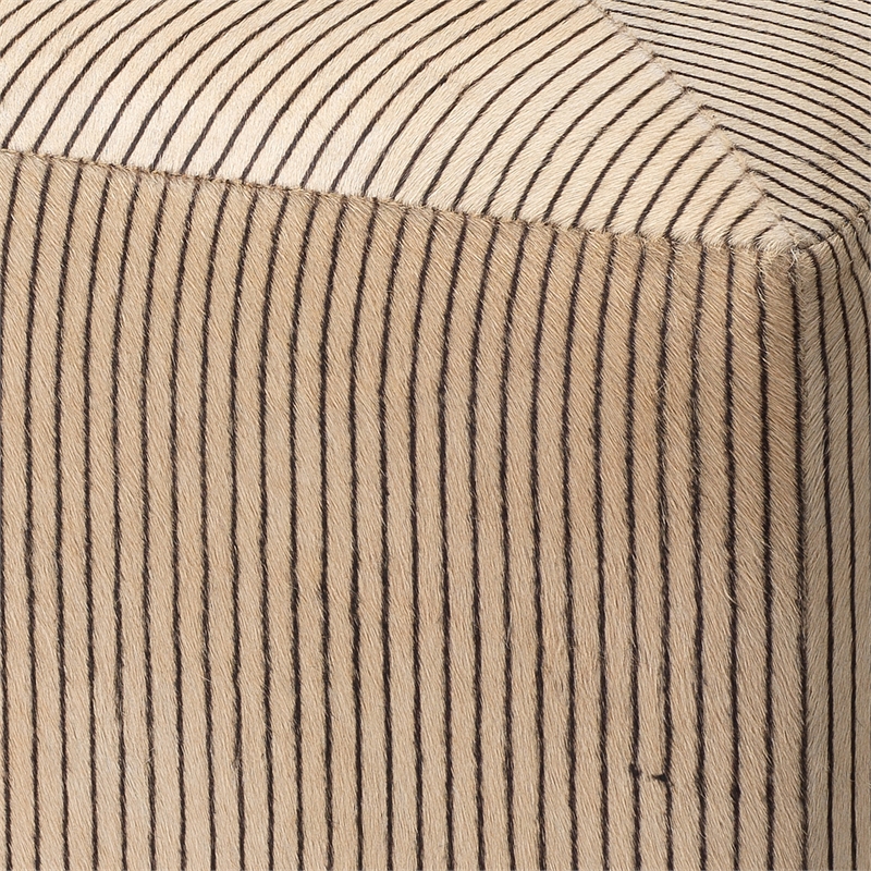 Maklaine Square Hair-On-Hide Leather Ottoman With Pinstripes in Cream/Black