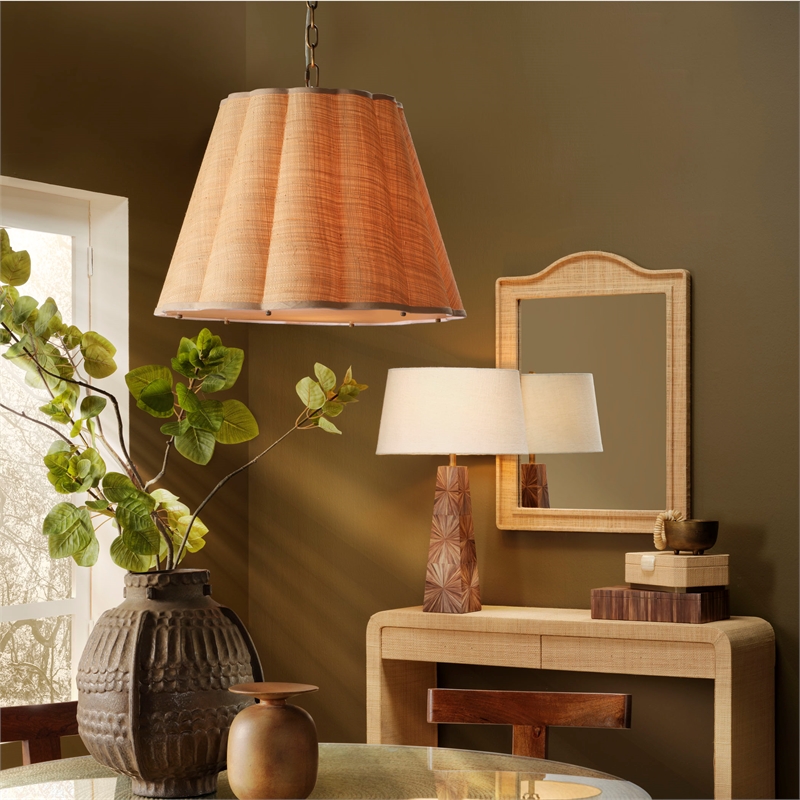Maklaine 1-Light Iron and Raffia Pendant With Brass Chain in Natural