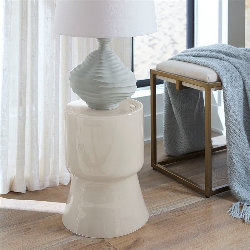 Maklaine Contemporary Handmade Soda Lime Glass Garden Stool in Cream