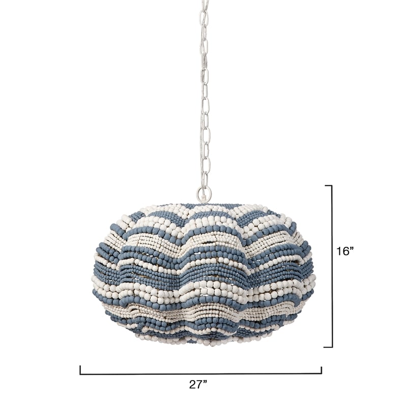 Maklaine Small Hand-Carved Mango Wood Bead Chandelier in Blue/White